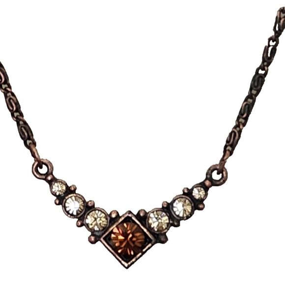 1928 Jewelry, Copper Tone Chevron Bar Pendant Necklace w/ Rhinestones 20" Chain - Picture 1 of 6